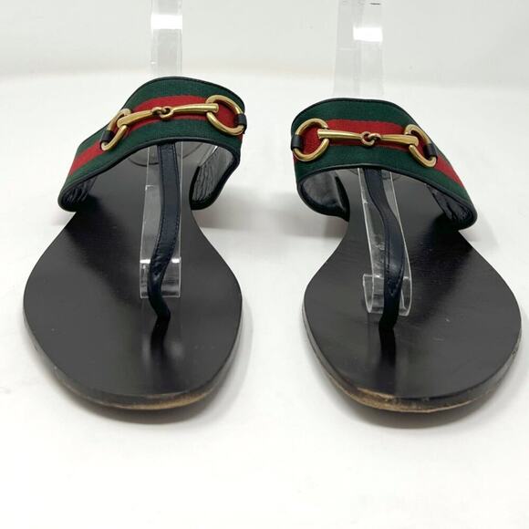 Gucci Web Horsebit Black Leather Thong Sandals Green‑Red Strap 38.5 EU - Picture 3 of 10